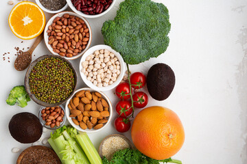 Clean eating concept vegetables and beans top view food