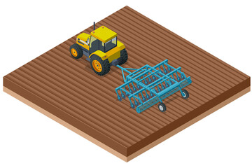 Isometric Agricultural Cultivator. A cultivator is a piece of agricultural equipment used for secondary tillage. Tractor preparing land with seedbed cultivator