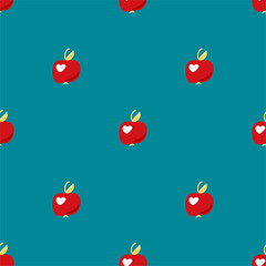 Vector pattern with red small apples in a flat style on a blue background. Pattern with apples for fabrics, packaging, design, fabrics.