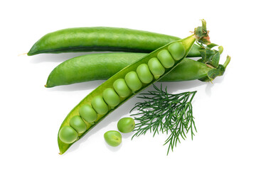 green peas and dill in detail isolated on a white background, the concept of fresh vegetables and...