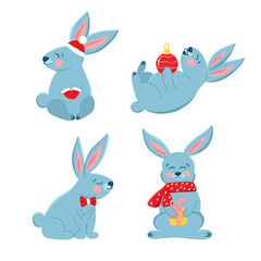 Vector set with cute Christmas bunnies in cartoon style, symbol of the year, cute holiday animals, bunnies, winter. Children's illustration for postcards, posters, design, fabrics.