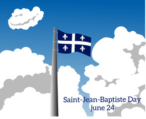 Quebec National Day vector banner design template with flag of Quebec province and text on sky background.Translation from french: Happy Quebec Day!Saint Jean Baptist.June 24th. - obrazy, fototapety, plakaty
