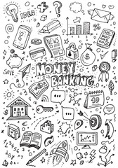 Money and banking hand drawn doodles, vector set on white background