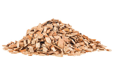 Wooden chips for smoking isolated on a white background. Pile of handful of wooden chips.