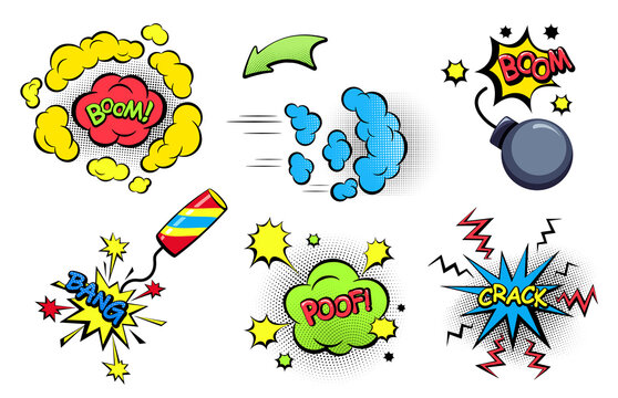 Comic colored speech bubbles with text. Sound effects in pop art style. Sound emotes and comics cues. Set of cartoon dialog clouds with Halftone Dot background. Isolated. Vector illustration