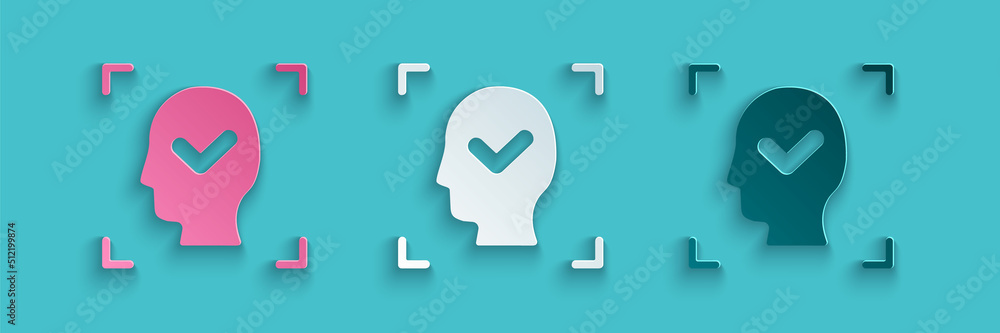 Poster paper cut face recognition with check mark icon isolated on blue background. face identification sca