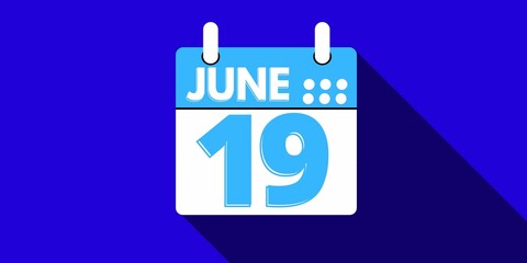 19 june. calendar with the day nineteen of the month of june in blue color and background blue