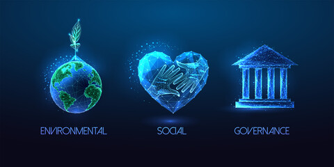 Concept of Environmental social governance ESG in futuristic glowing symbols on dark blue backgound - obrazy, fototapety, plakaty