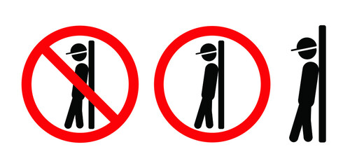 Cartoon stickman, stick figure man symbol or signboard. Do not lean on door, wall, glass, gate or railing  Please do not lean, accident prevention. Don’t sit here on stairs. Flat vector. Safety sign. 
