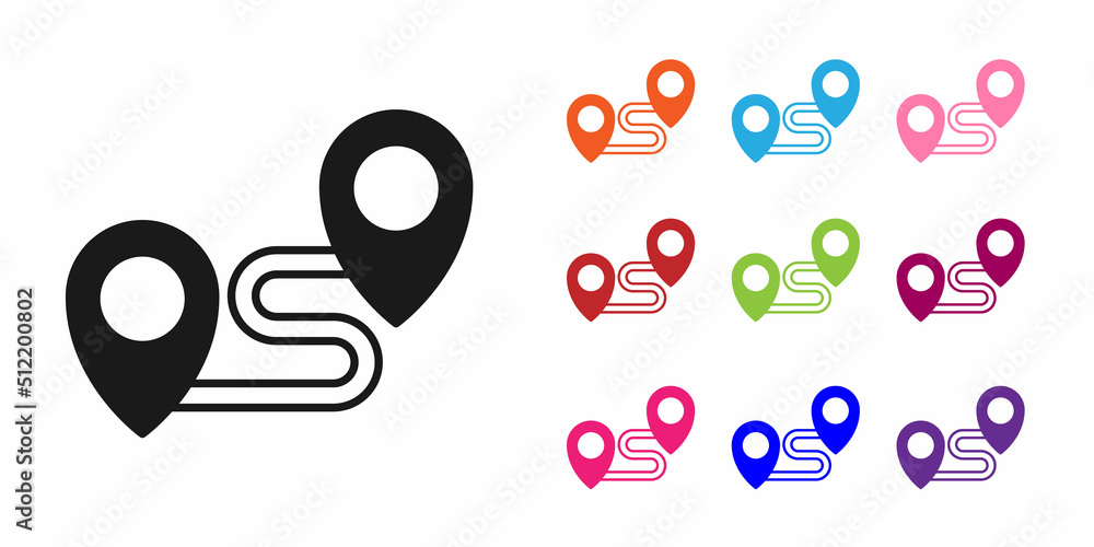 Poster black route location icon isolated on white background. map pointer sign. concept of path or road. g
