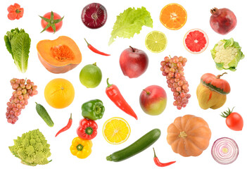 Big set falling vegetables and fruits isolated on white