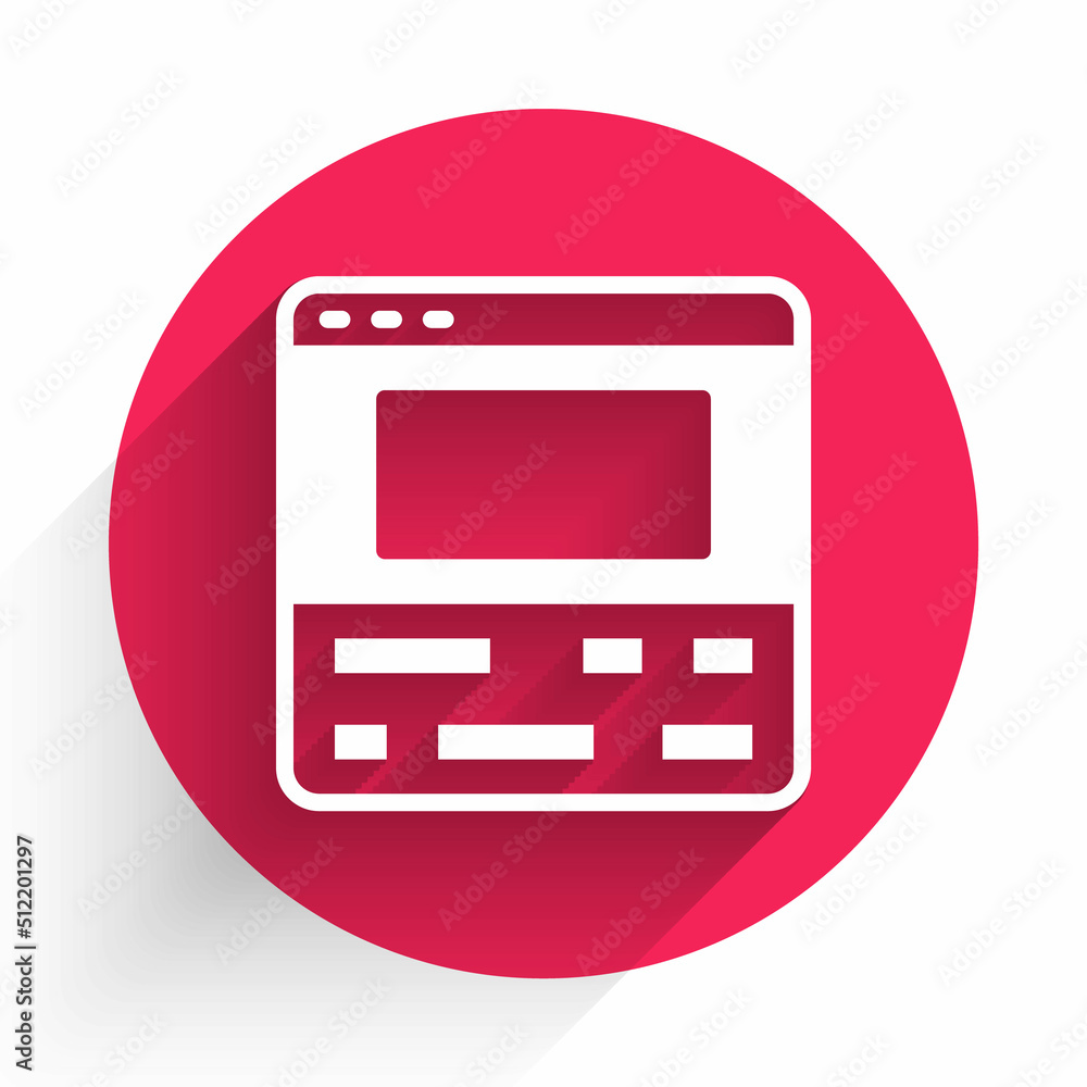Poster white video recorder or editor software on laptop icon isolated with long shadow. video editing on a