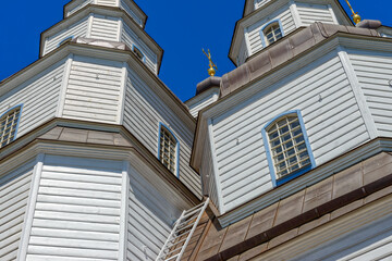 Unique wooden St. Trinity Cathedral in Novomoskovsk town, Ukraine.