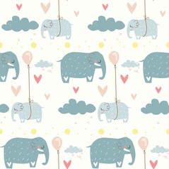 cute elephants, clouds and balloon
