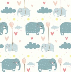cute elephants, clouds and balloon