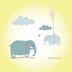 cute elephants, clouds and balloon