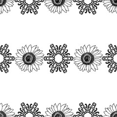 Seamless black and white pattern with sunflowers and round ornaments. Hand drawn background with flowers and patterns for home decor or wrapping. Vector illustration.