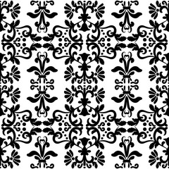 Beautiful damask wallpaper ornament for home decor or fabric. Seamless rich vintage pattern with swirls. Black and white. Vector illustration.