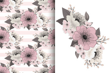 Flower bouquet with seamless pattern. Floral background set.
