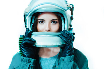 Space helmet. Astronaut girl in space helmet. Young girl in an astronaut suit. Space Background for...