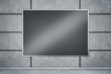 Abstract concrete tile wall with empty black banner and daylight. Ad, commercial and information concept. Mock up, 3D Rendering.