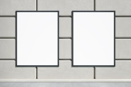 Abstract concrete tile wall with empty two white billboards and daylight. Ad, commercial and information concept. Mock up, 3D Rendering.