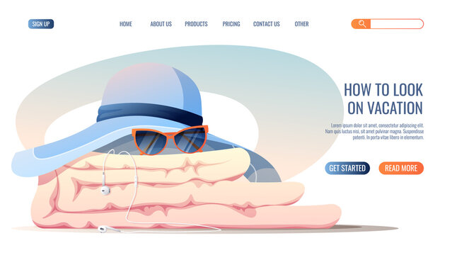 Web page template with summer beach accessories. Concept for web banner and landing page. Towel, sunglasses, beach hat, sunscreen.