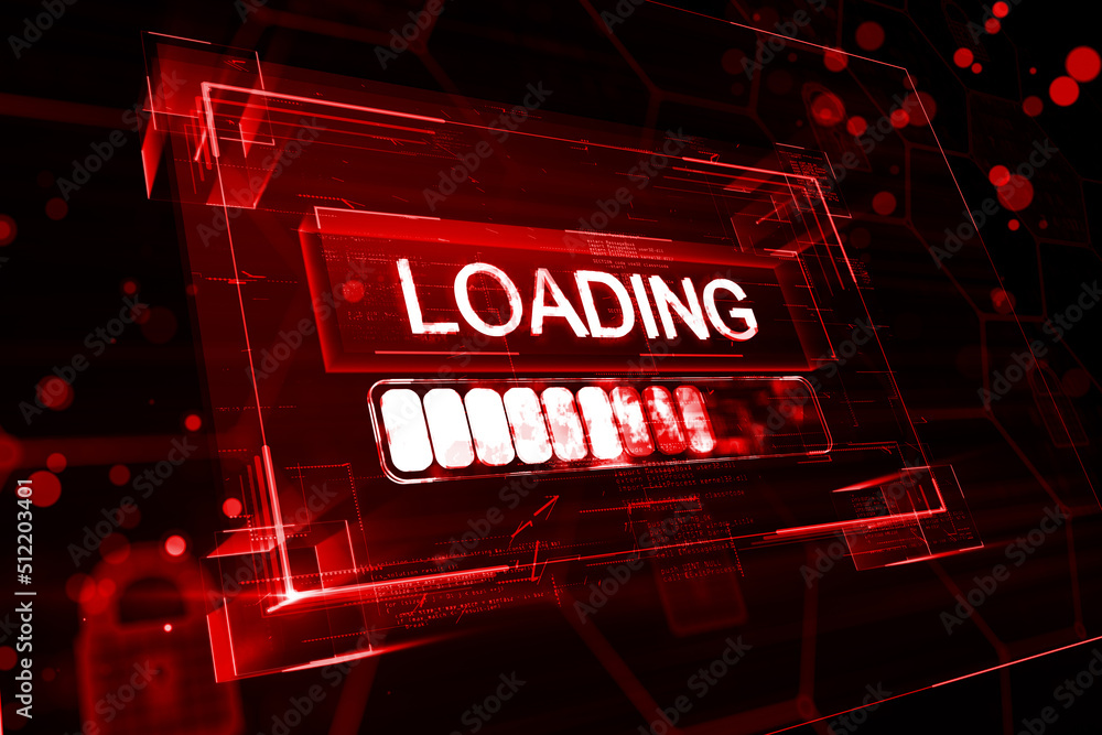 Aufkleber Loading data on low speed concept with digital white glowing loading sign in virtual glowing frame on abstract dark background. 3D rendering