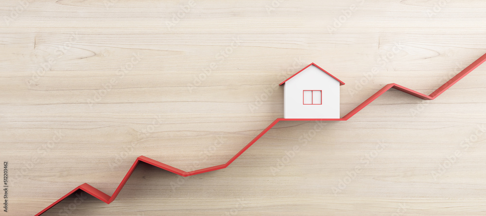 Poster abstract house on blue chart line and wide wooden wall background with mock up place. property inves