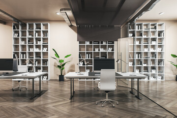 Front view on stylish workspace with modern computer on light table in coworking office with green plant on parquet floor, light walls and glass door. 3D rendering