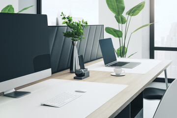 Close up and side view of creative wooden designer workplace with mock up computer screen, partition, coffee cup, decorative plant and supplies. Window with city view in the background. 3D Rendering.