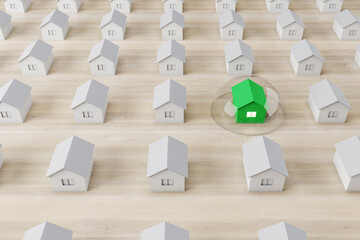 Fototapeta na wymiar Rows of white houses on wooden backdrop with one protected green house under glass cover. Housing insurance concept. 3D Rendering.