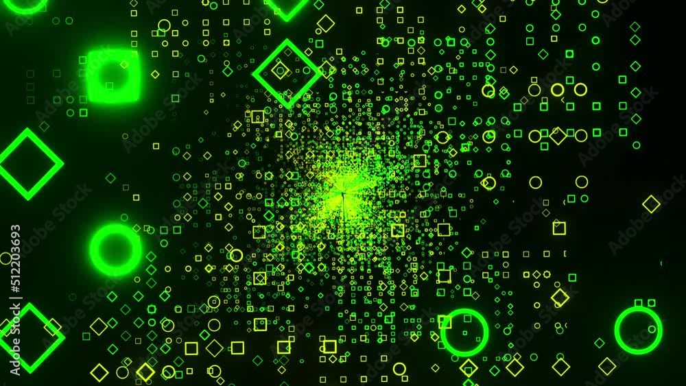 Poster rotating squared matrix field on a black background. design. green squared silhouettes spinning with