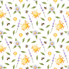 Seamless pattern with lavender branch, honey drops, daisies, bees. Texture for wrapping paper, textile, wallpaper.