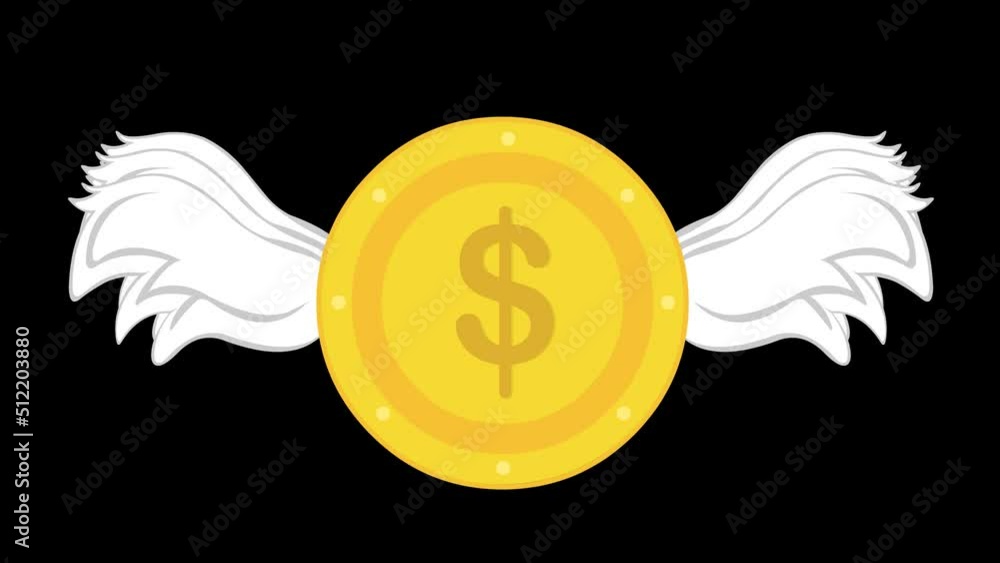Poster loop animation of a winged coin with the dollar symbol moving its wings. on a transparent background