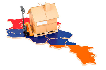 Residential moving service in Armenia, concept. Hydraulic hand pallet truck with cardboard house parcel on Armenian map, 3D rendering