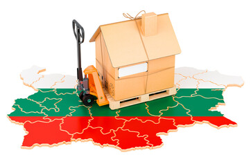 Residential moving service in Bulgaria, concept. Hydraulic hand pallet truck with cardboard house parcel on Bulgarian map, 3D rendering