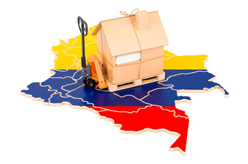 Residential moving service in Colombia, concept. Hydraulic hand pallet truck with cardboard house parcel on Colombian map, 3D rendering
