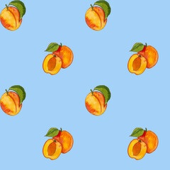 Summer apricots pattern on a blue background