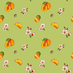 Summer apricots pattern on a green background