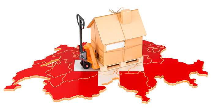 Residential moving service in Switzerland, concept. Hydraulic hand pallet truck with cardboard house parcel on Swiss map, 3D rendering