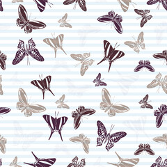 Flying butterfly silhouettes over striped background vector seamless pattern.