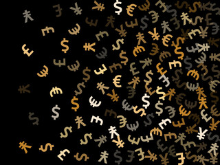 Euro dollar pound yen metallic symbols scatter money vector illustration. Investment backdrop.