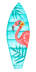 Surfboard watercolor illustration. Flamingo surfboard. Sea, sports, surfing, summer, vacation, recreation. Blue, pink, turquoise colors. Illustration isolated. For print and electronic media. © Сабина Жуковец