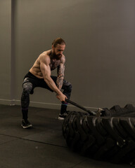 Sledgehammer trucker wheel road tire woman replace young hammer gym, for equipment concentration...