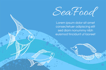 Seafood restaurant menu template, hand drawn fish vector illustration mockup