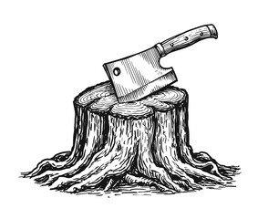 Butcher knife in tree stump. Kitchen cleaver sketch in vintage engraving style for butcher shop menu, bbq restaurant