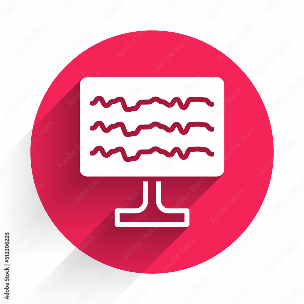 Poster white encephalogram icon isolated with long shadow background. electrical activity. red circle butto