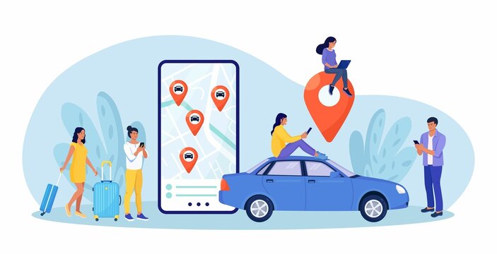 Person use autonomous online car sharing service. Man near smartphone screen with route and points location of car on city map. Online ordering taxi, rent auto. Group of people sharing auto