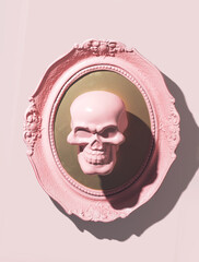 Human skull, oval vintage frame, creative pastel pink wall decoration. Macabre style. 